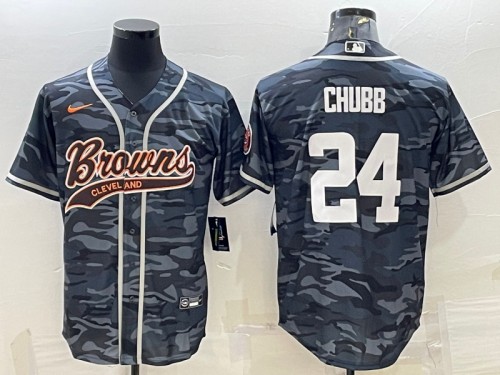 Men's Cleveland Browns #24 Nick Chubb Gray Camo With Patch Cool Base Stitched Baseball Jersey